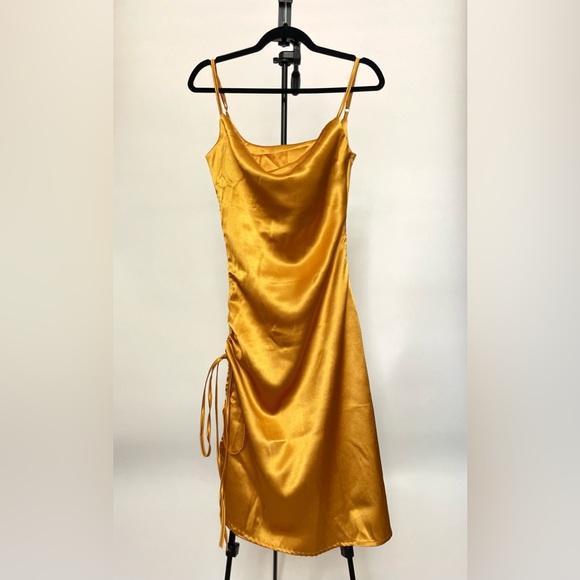 Mustard Midi Spaghetti Strap Bodycon Drawstring Ruched Side Slit Dress| Small - Picture 3 of 11